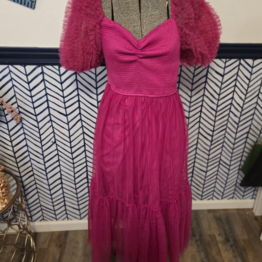 Flying Tomato Fuchsia Puff Sleeve Midi Dress